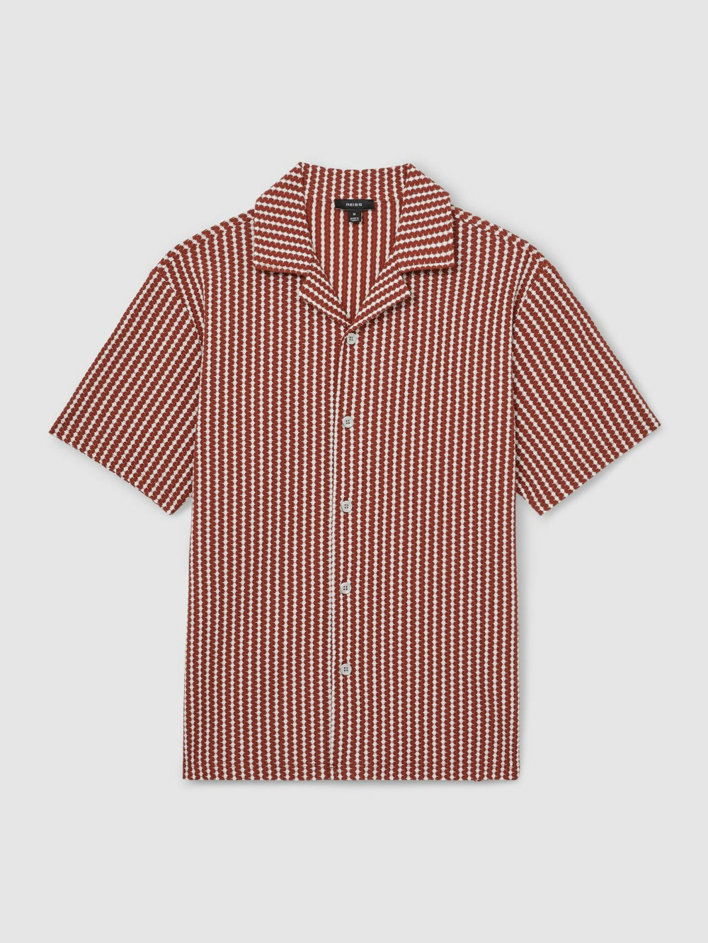 Reiss | Textured-Stripe Cuban-Collar Shirt in Rust Red/White