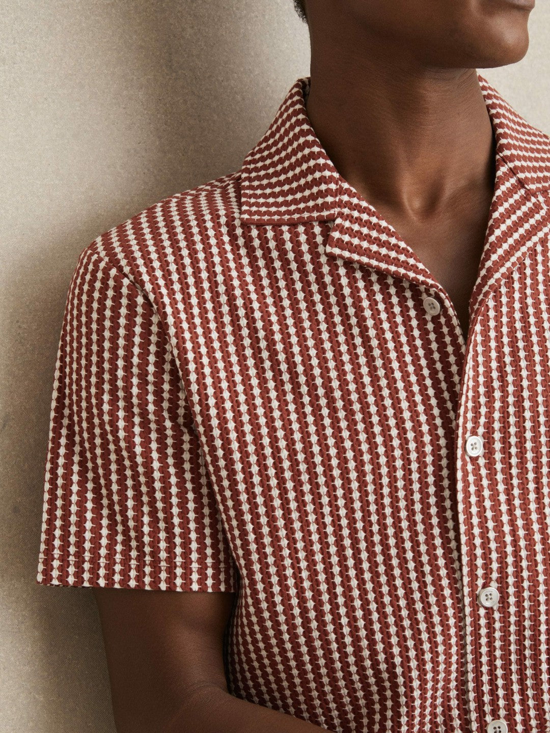 Reiss | Textured-Stripe Cuban-Collar Shirt in Rust Red/White