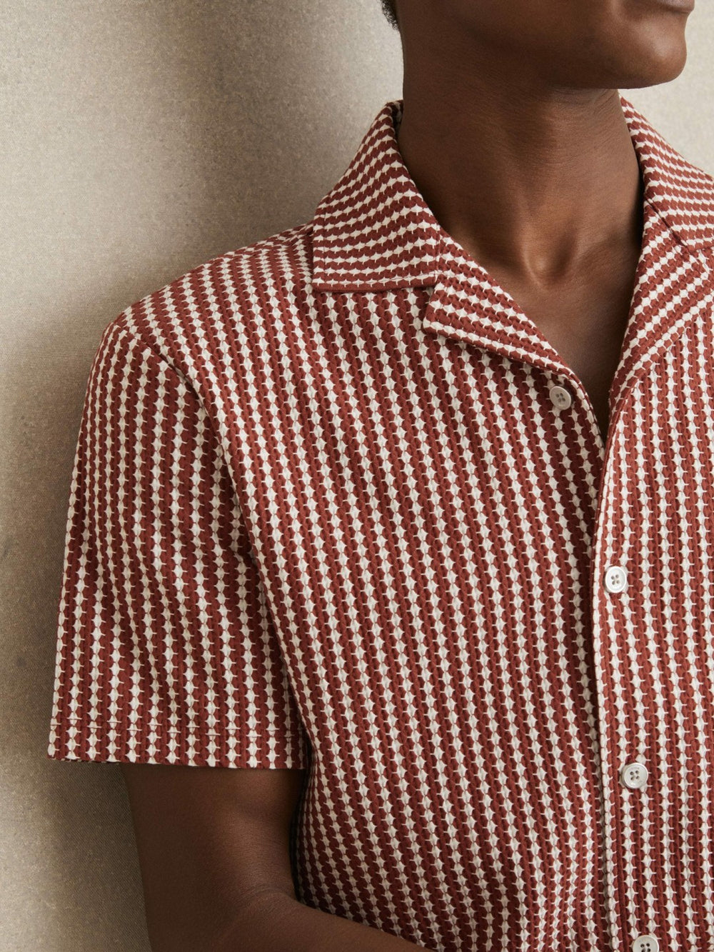 Reiss | Textured-Stripe Cuban-Collar Shirt in Rust Red/White
