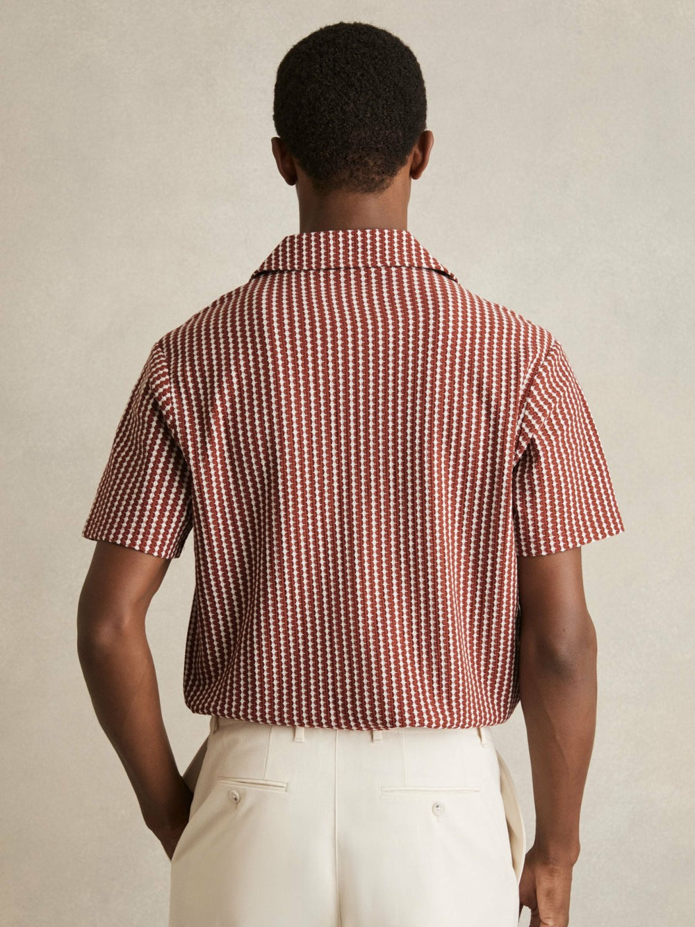 Reiss | Textured-Stripe Cuban-Collar Shirt in Rust Red/White