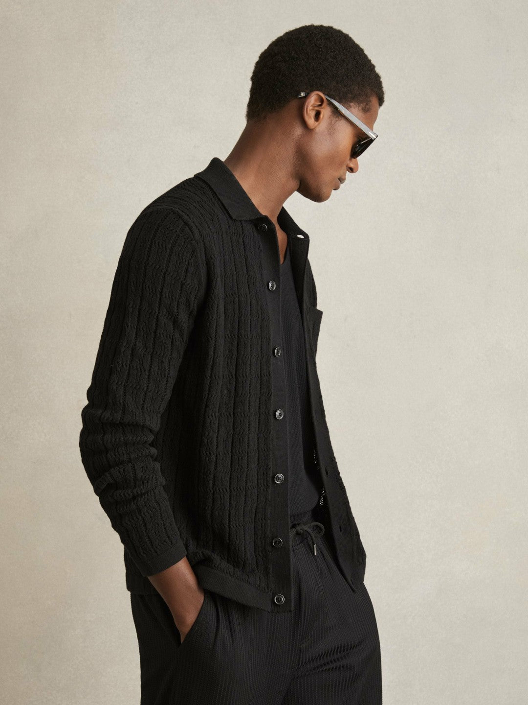 Reiss | Cotton-Blend Textured Knit Shirt in Black