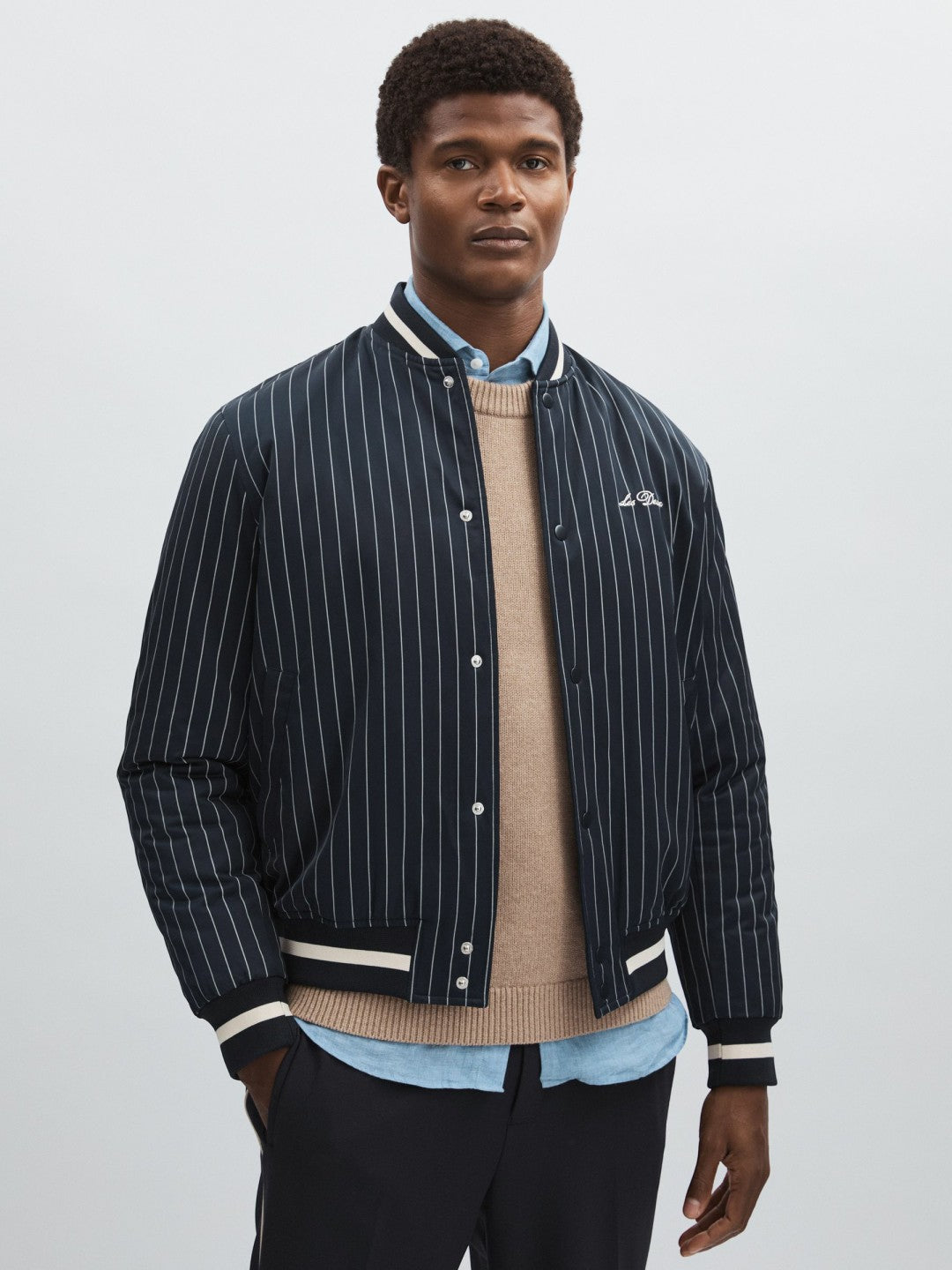 Reiss | Les Deux Technical Varsity Jacket in Navy Stripe