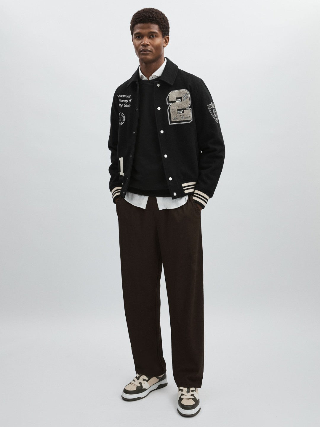 Reiss | Les Deux Wool-Blend Varsity Jacket in Black
