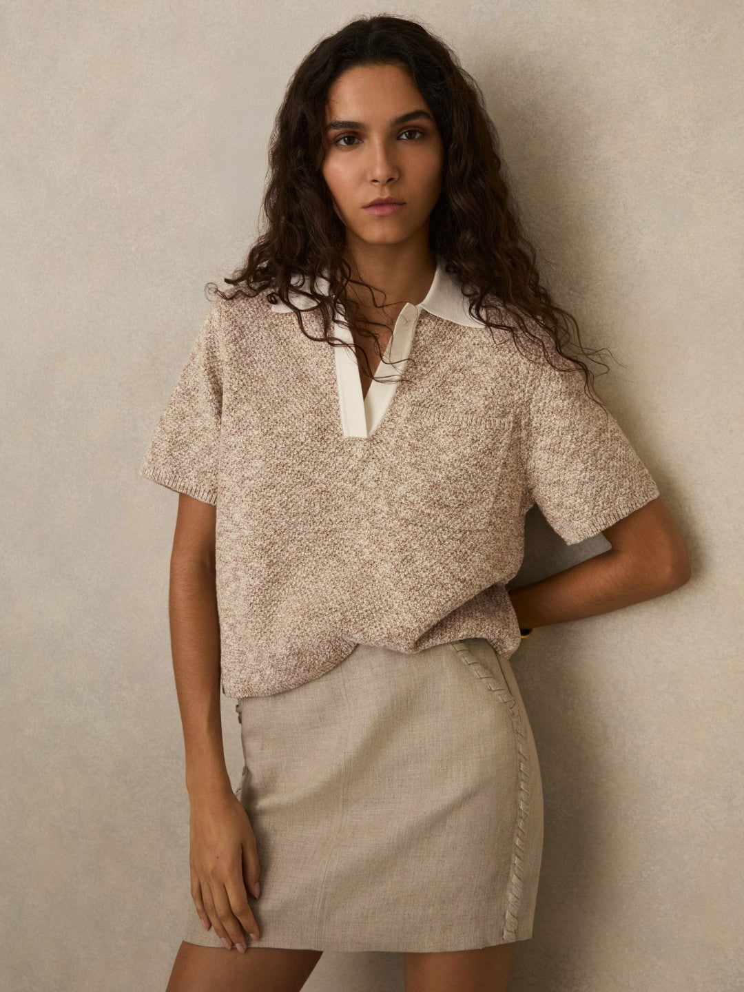 Reiss | Cotton-Blend Knit Polo Shirt in Neutral