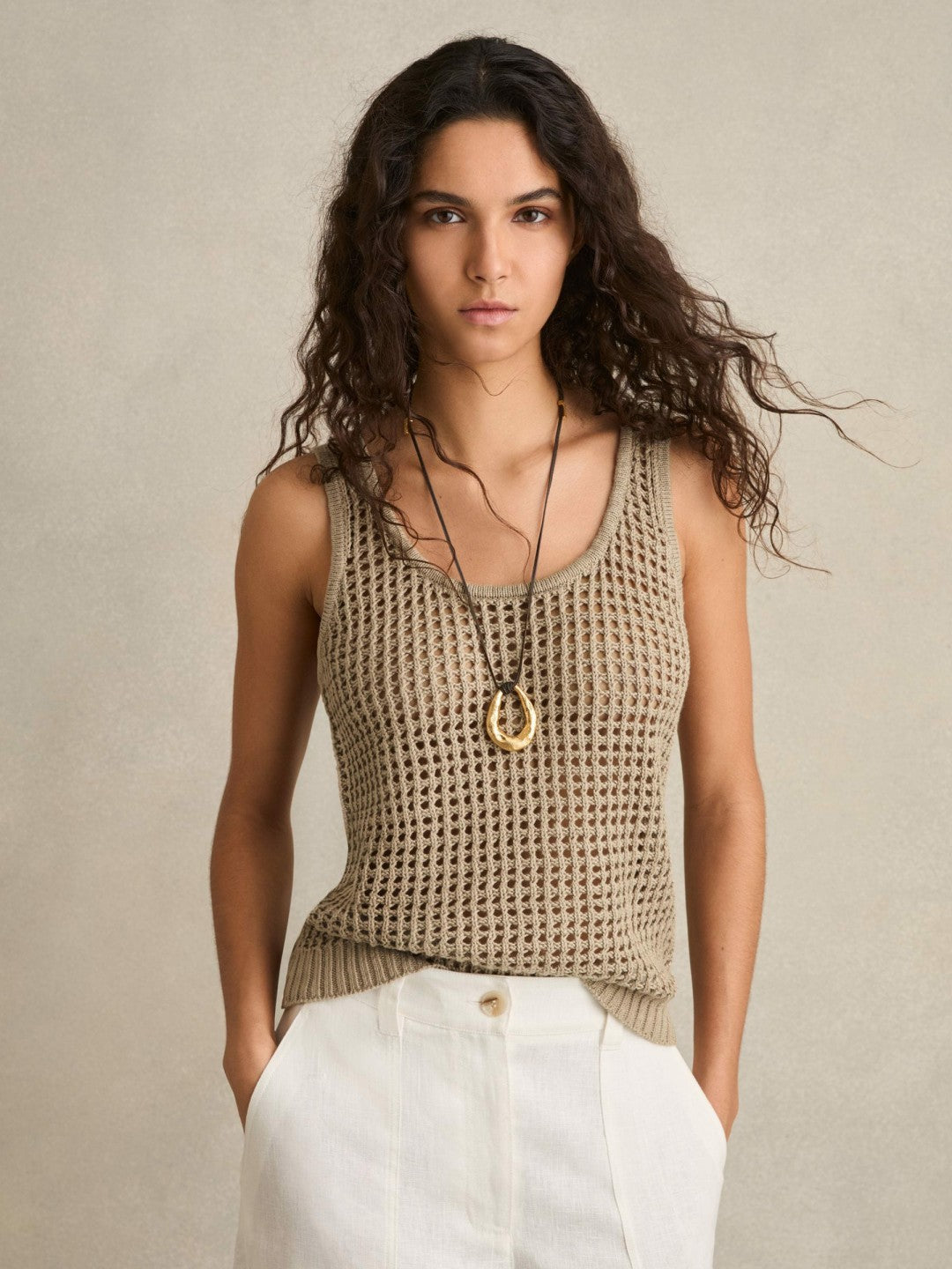 Reiss | Linen Open Knit Vest in Stone