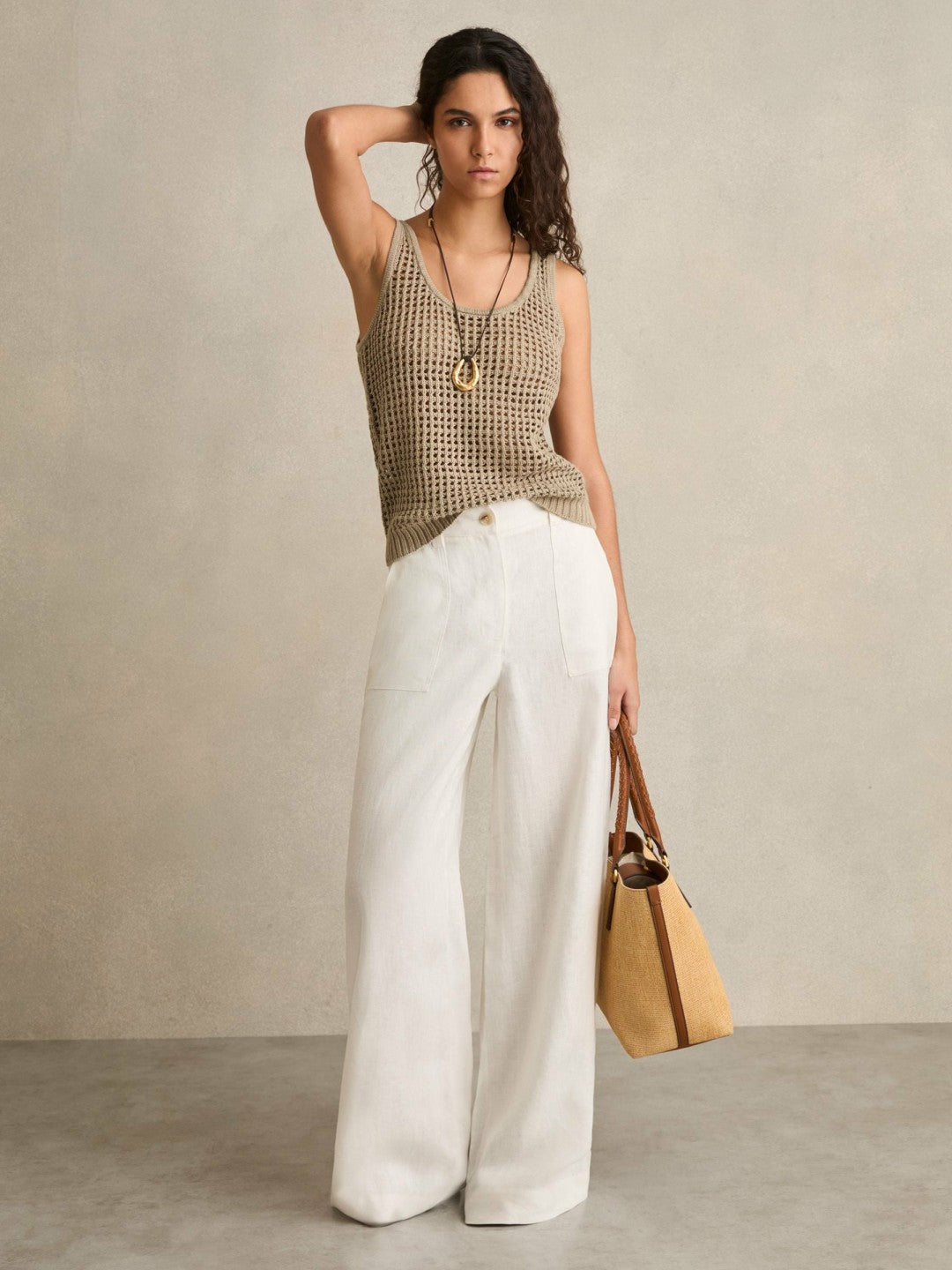 Reiss | Linen Open Knit Vest in Stone
