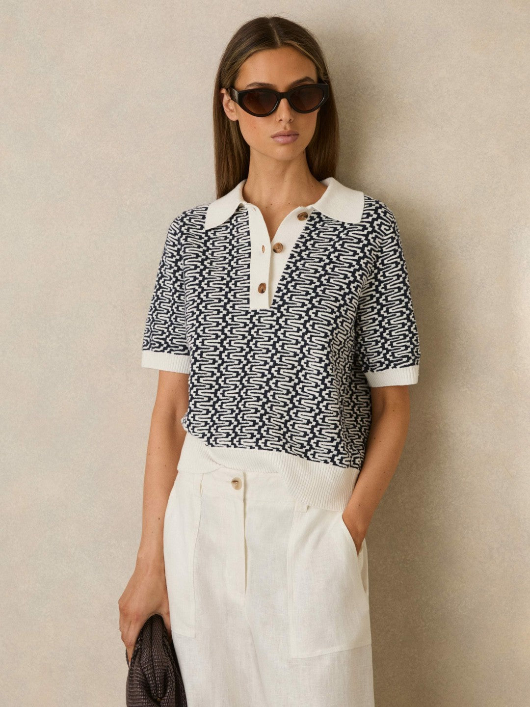 Reiss | Zig-Zag Knit Polo Shirt in Blue/Ivory