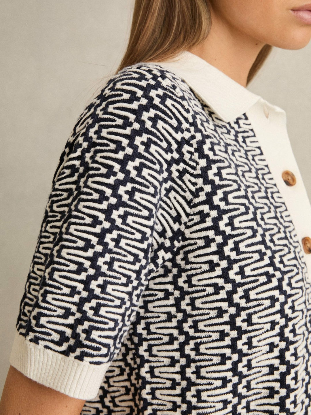 Reiss | Zig-Zag Knit Polo Shirt in Blue/Ivory