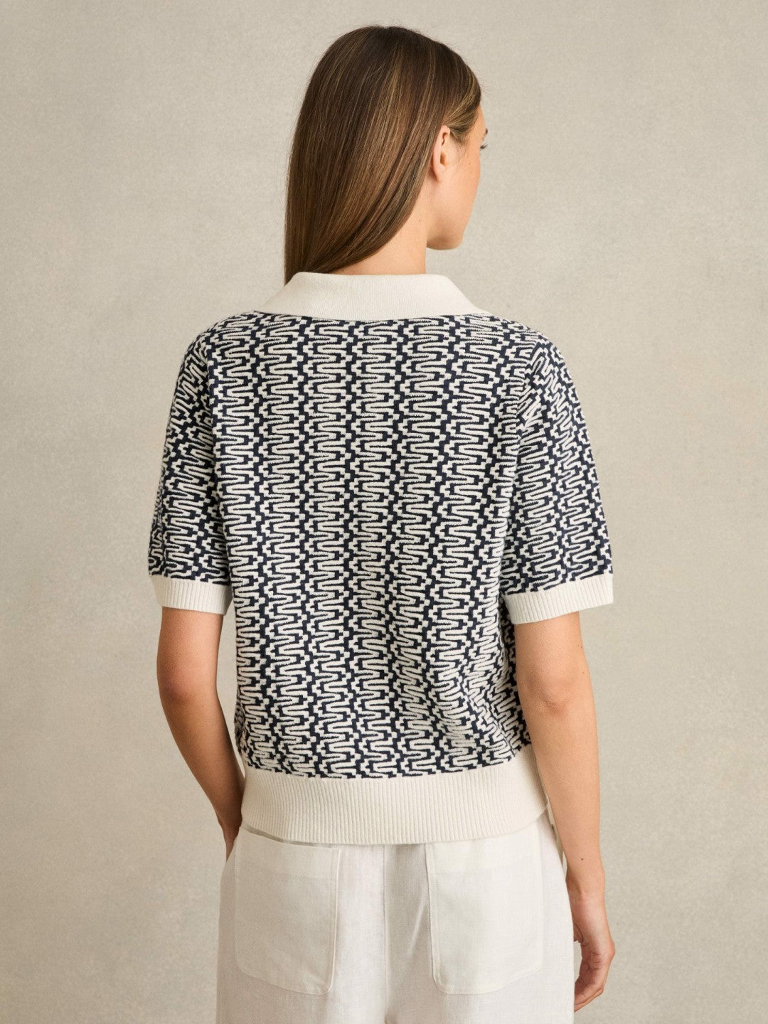Reiss | Zig-Zag Knit Polo Shirt in Blue/Ivory