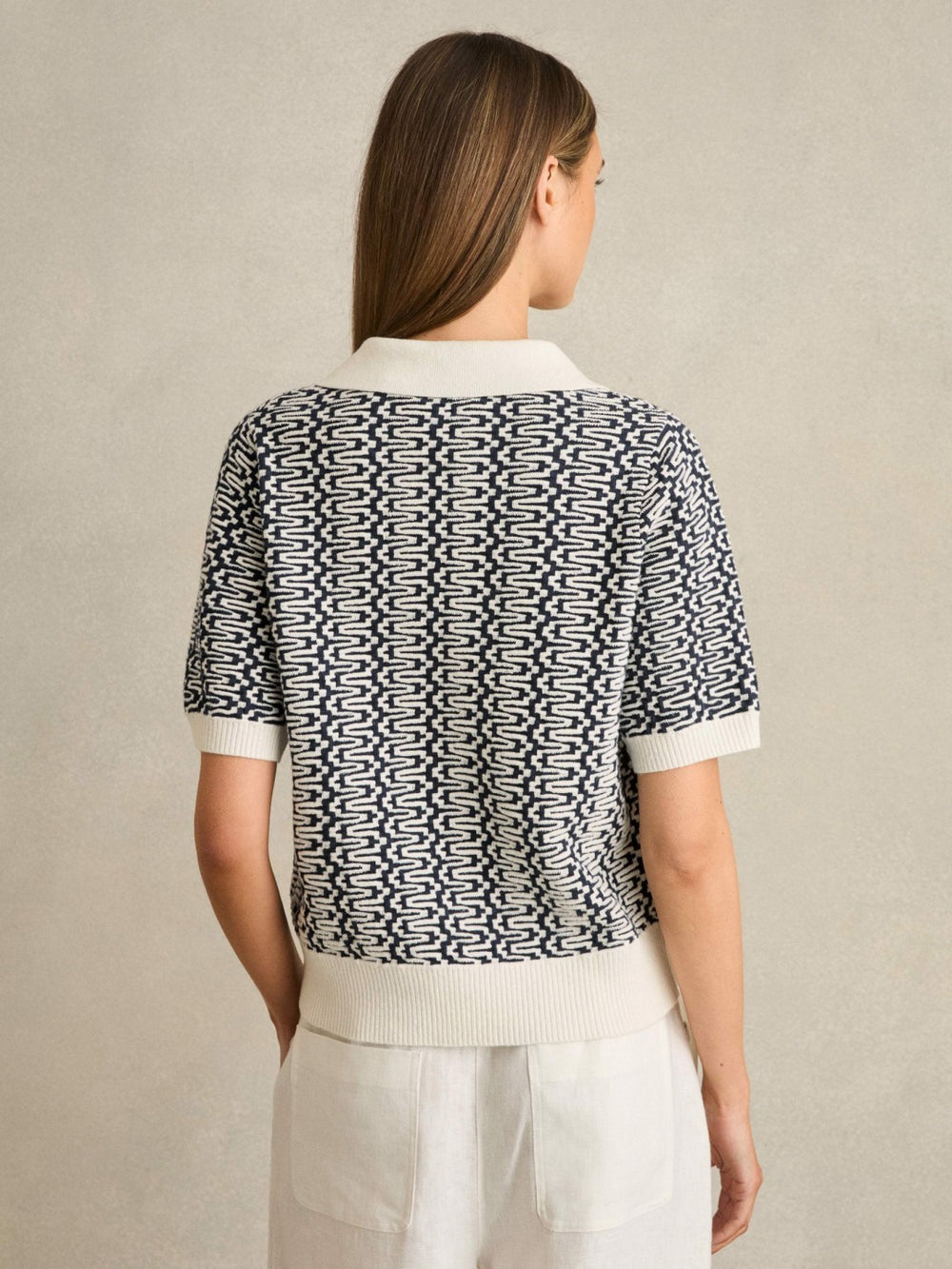 Reiss | Zig-Zag Knit Polo Shirt in Blue/Ivory