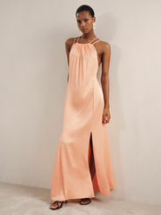 Reiss | Petite Satin Halterneck Maxi Dress in Peach