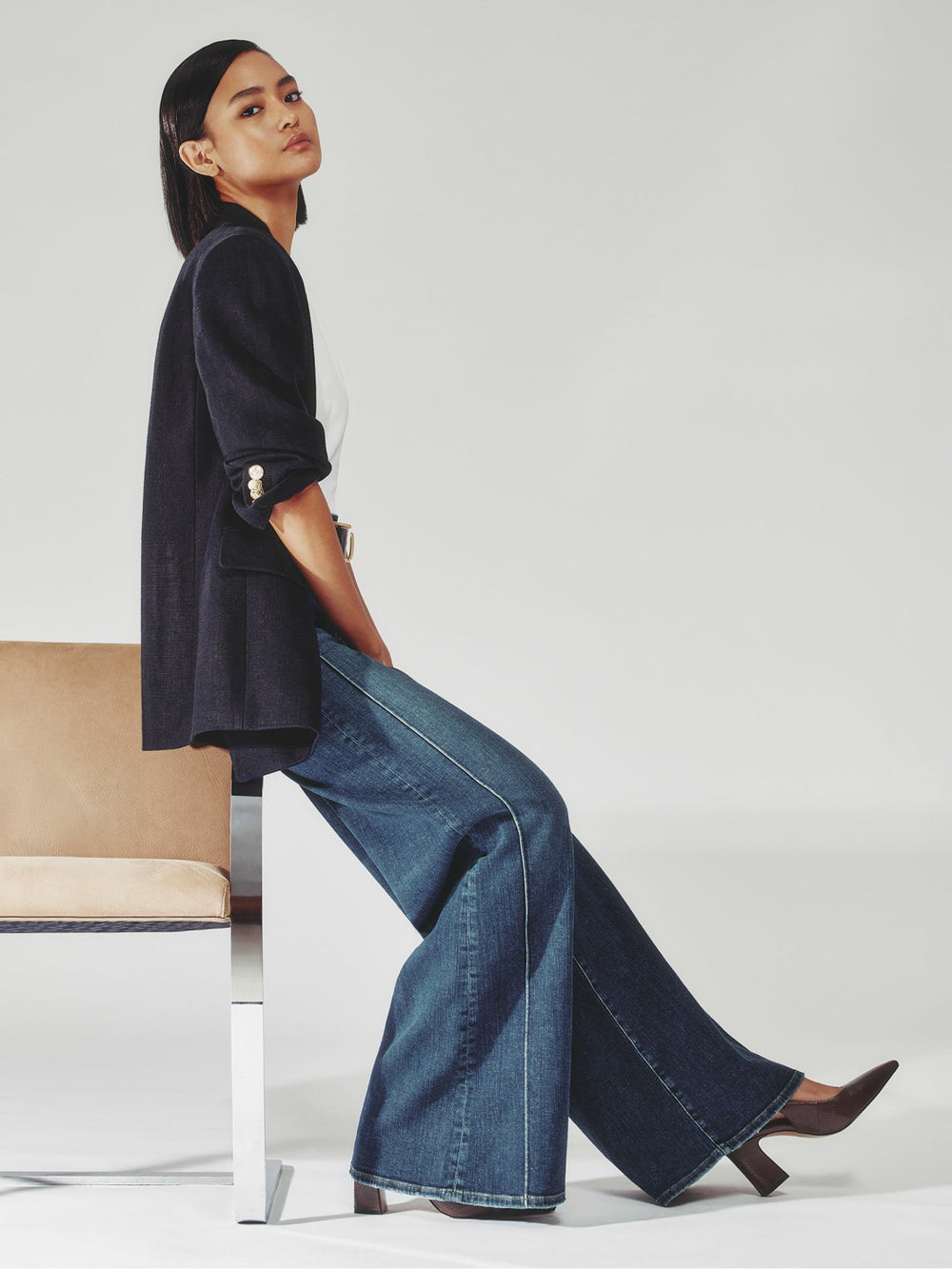 Reiss | Petite Stretch-Cotton Wide-Leg Jeans in Mid Blue