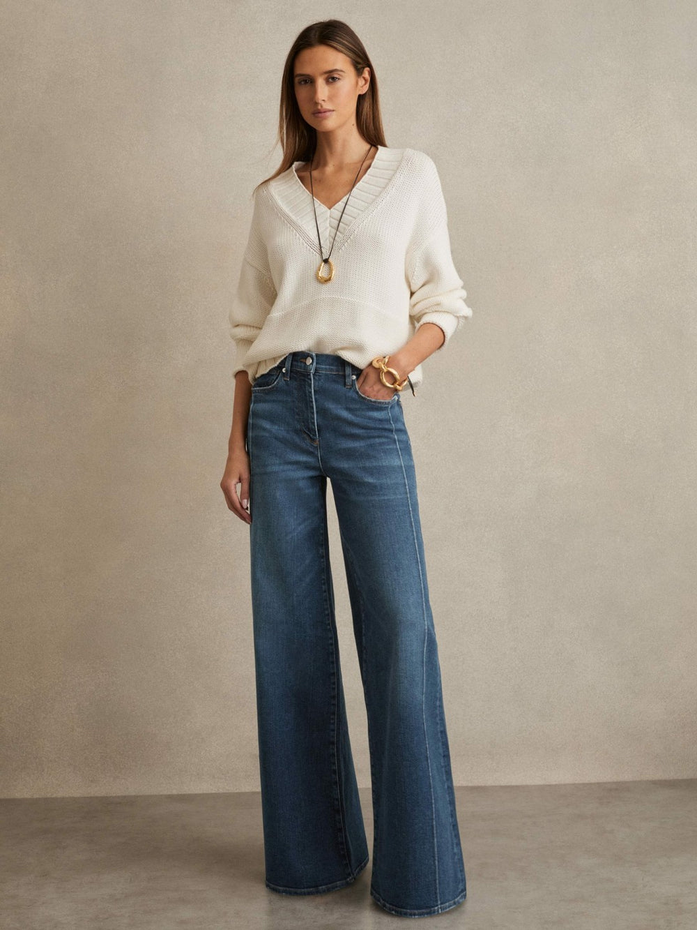 Reiss | Petite Stretch-Cotton Wide-Leg Jeans in Mid Blue