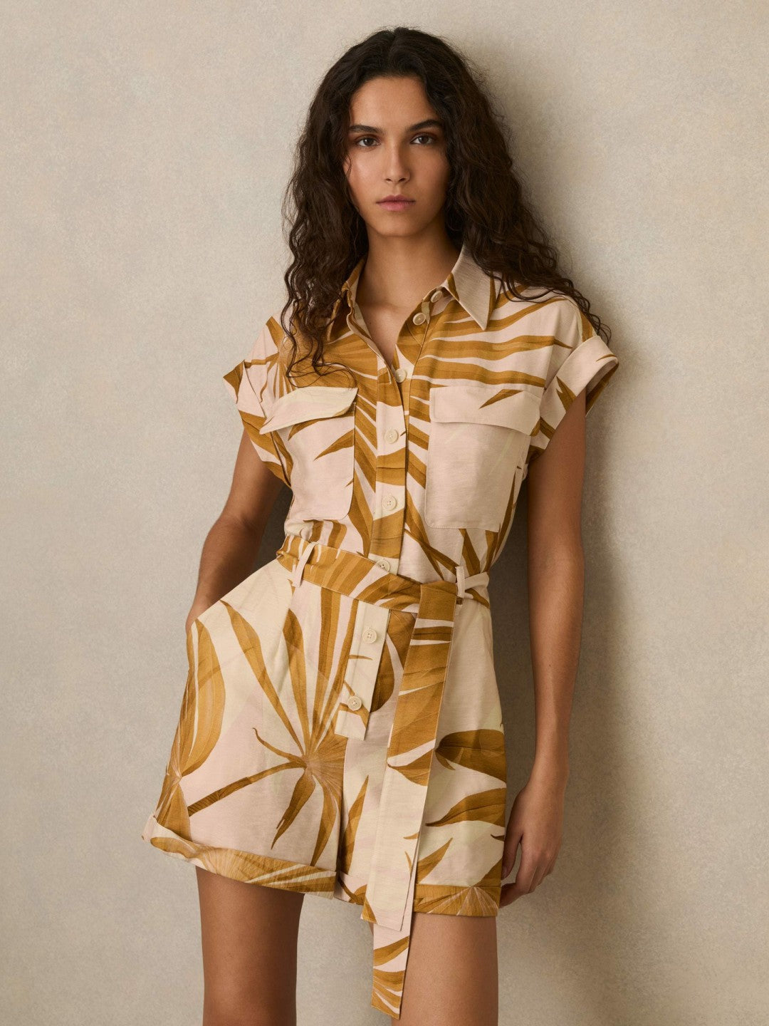 Reiss | Palm Print Belted Playsuit in Neutral