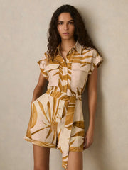 Reiss | Palm Print Belted Playsuit in Neutral