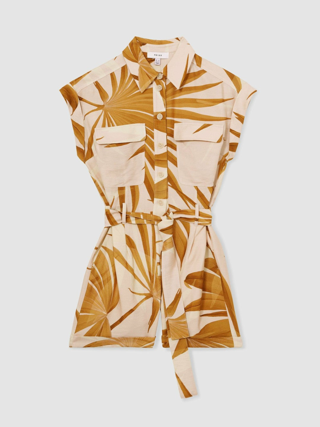 Reiss | Palm Print Belted Playsuit in Neutral