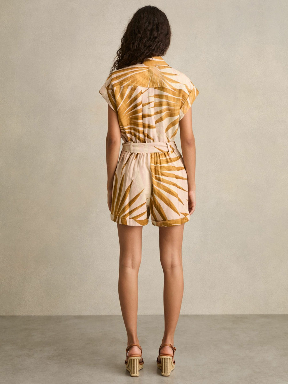Reiss | Palm Print Belted Playsuit in Neutral