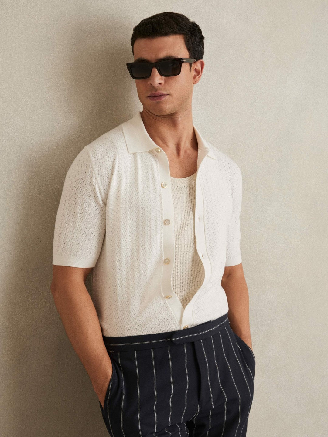 Reiss | Textured Knit Button-Through Shirt in White