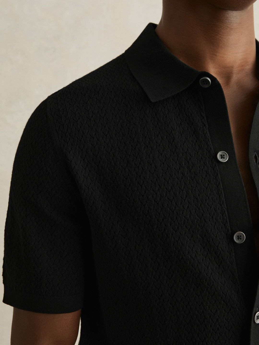 Reiss | Textured Knit Button-Through Shirt in Black