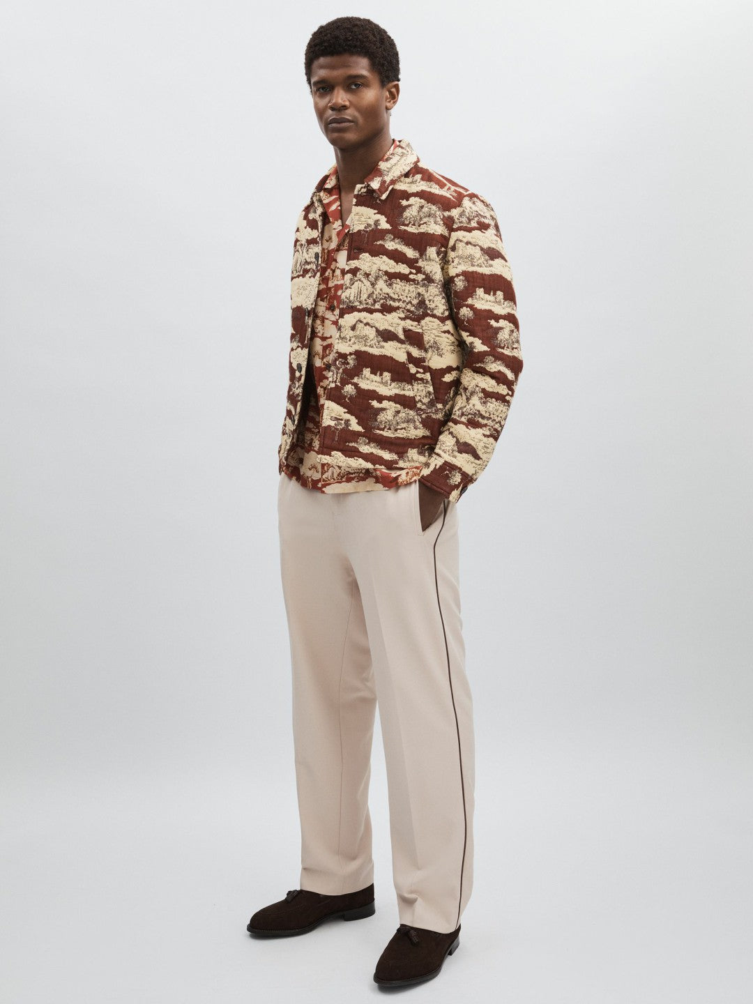 Reiss | Les Deux Woven Ruins Overshirt in Red/Cream