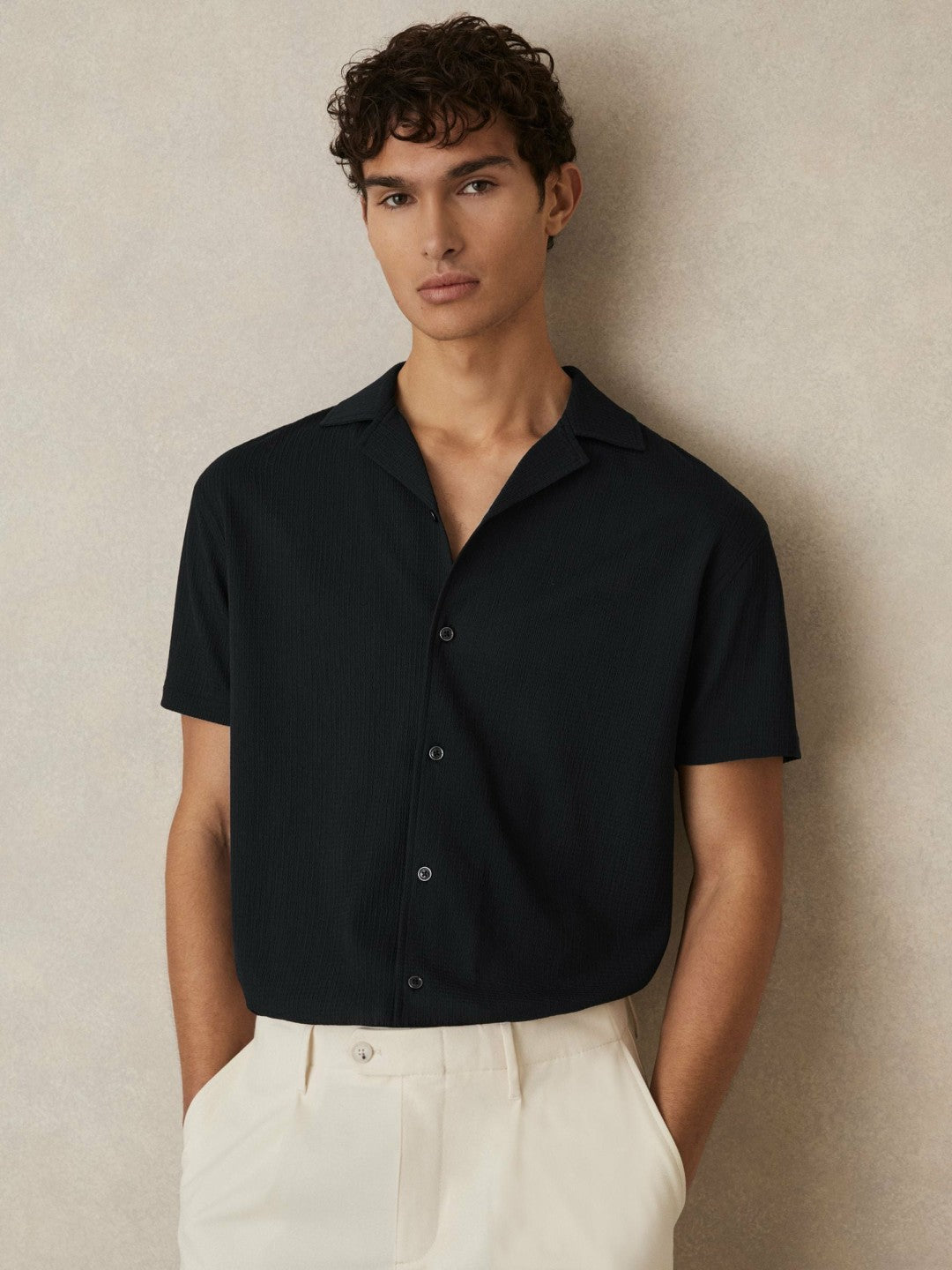 Reiss | Textured Crepe Cuban Collar Shirt in Navy