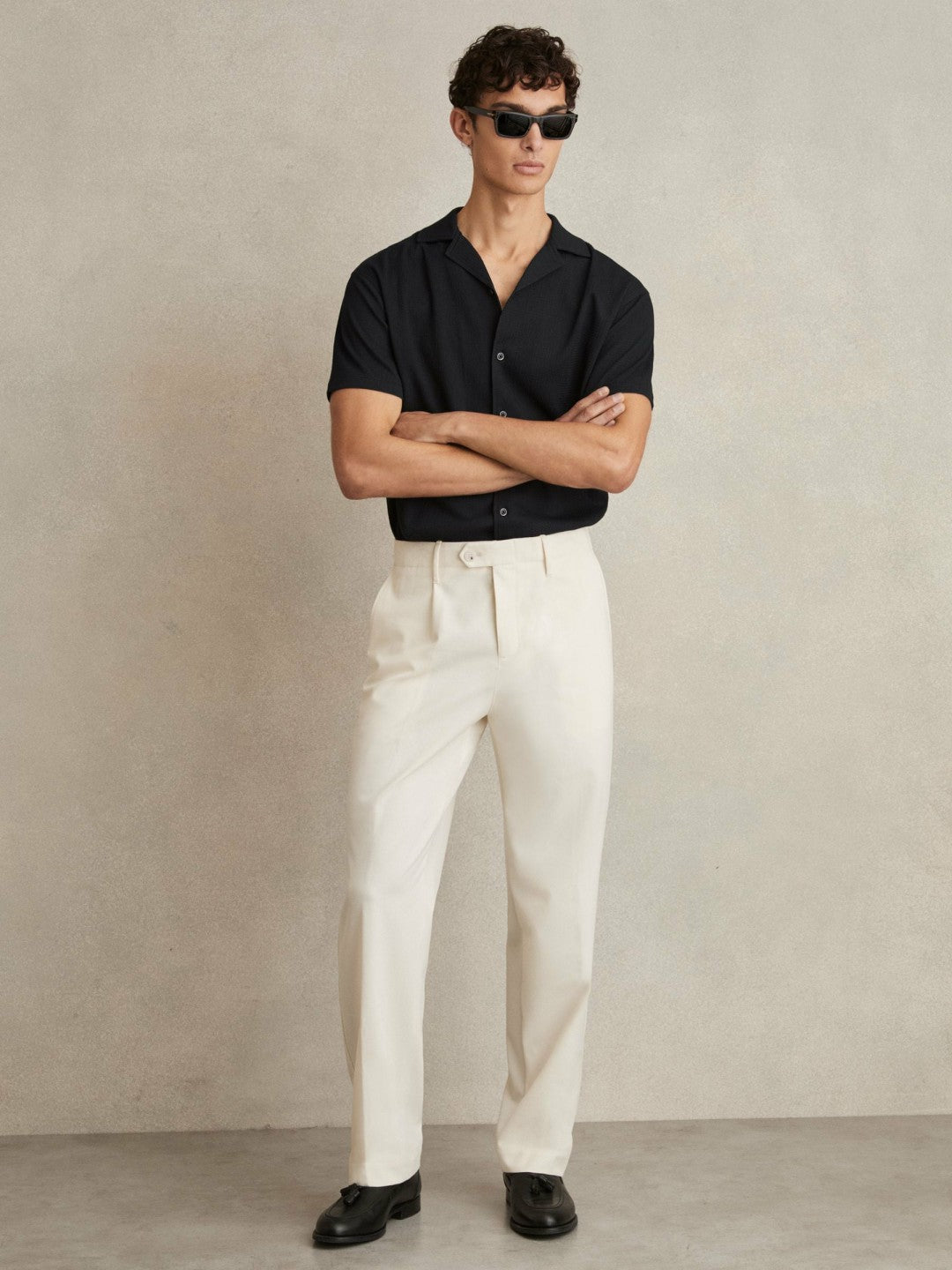 Reiss | Textured Crepe Cuban Collar Shirt in Navy