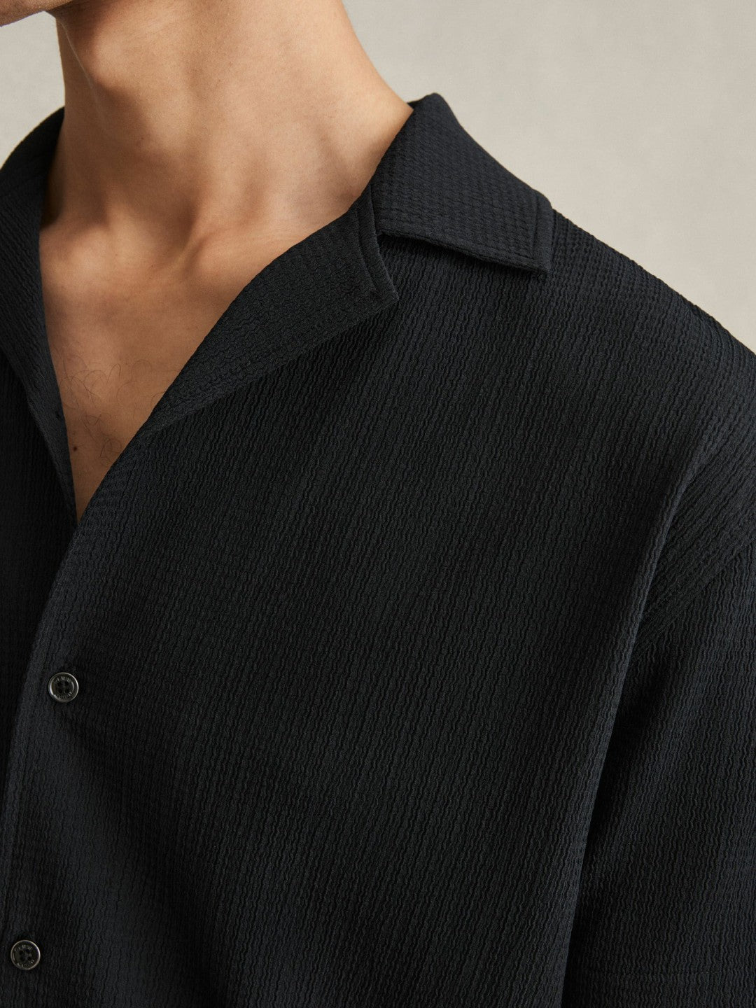 Reiss | Textured Crepe Cuban Collar Shirt in Navy