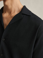 Reiss | Textured Crepe Cuban Collar Shirt in Navy