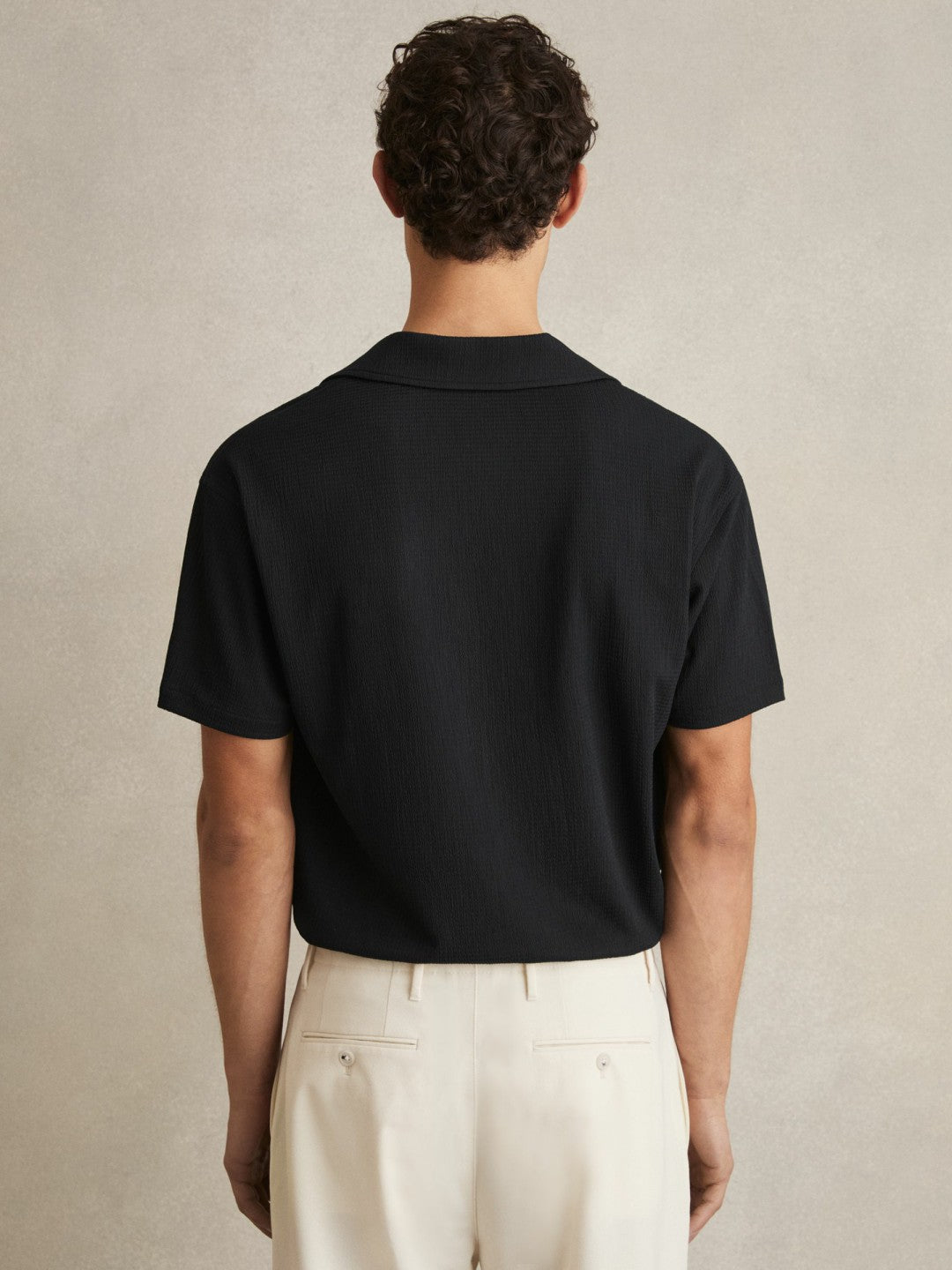 Reiss | Textured Crepe Cuban Collar Shirt in Navy