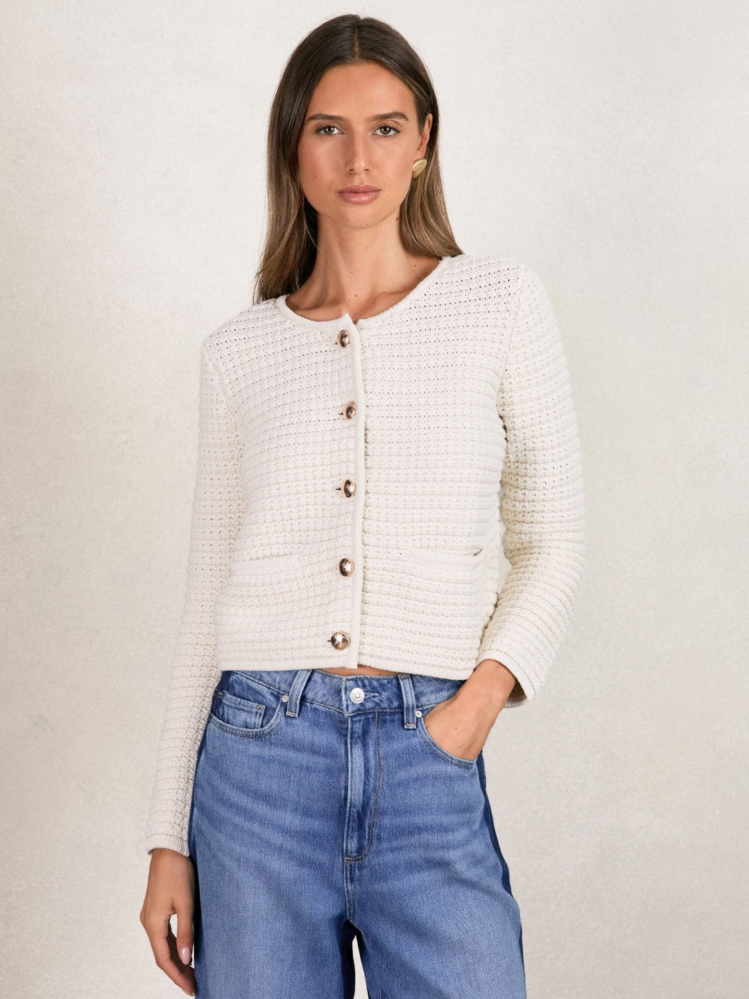 Reiss | Paige Textured-Knit Cardigan in Ivory