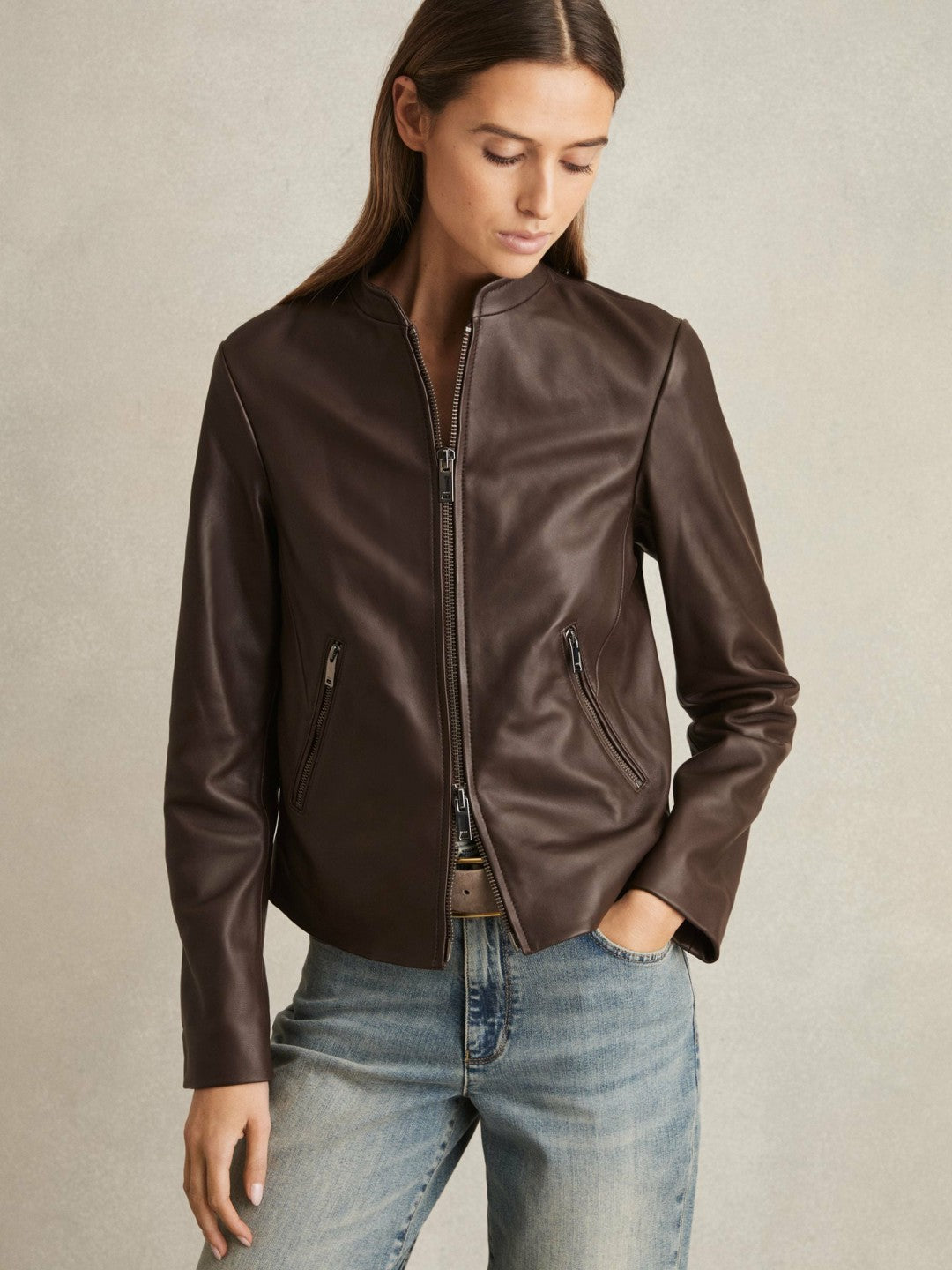 Reiss | Leather Collarless Biker Jacket in Chocolate Brown