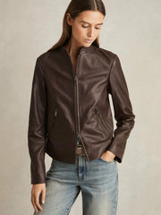 Reiss | Leather Collarless Biker Jacket in Chocolate Brown