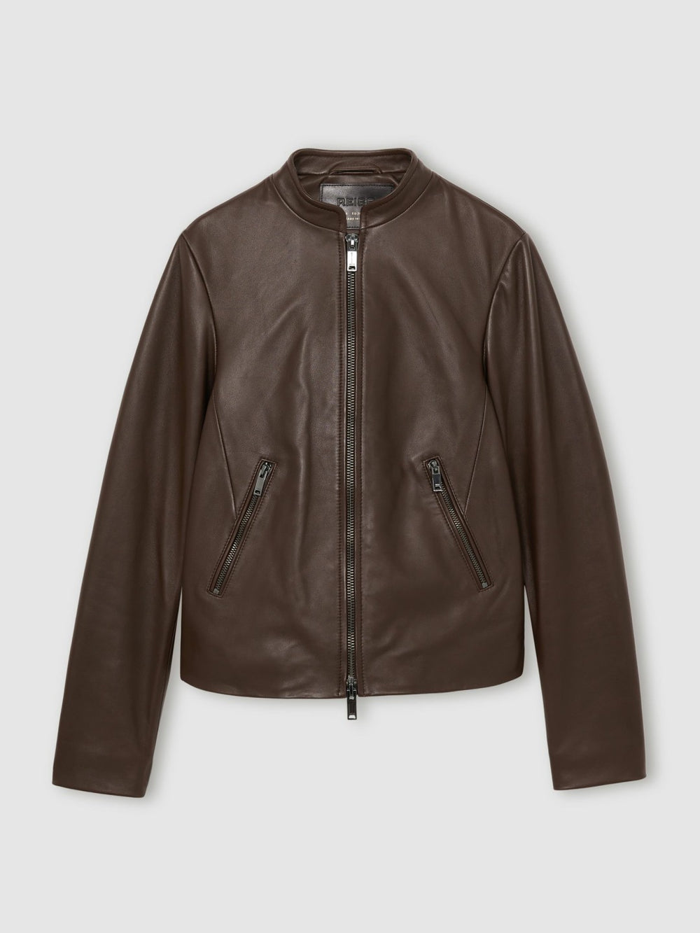 Reiss | Leather Collarless Biker Jacket in Chocolate Brown