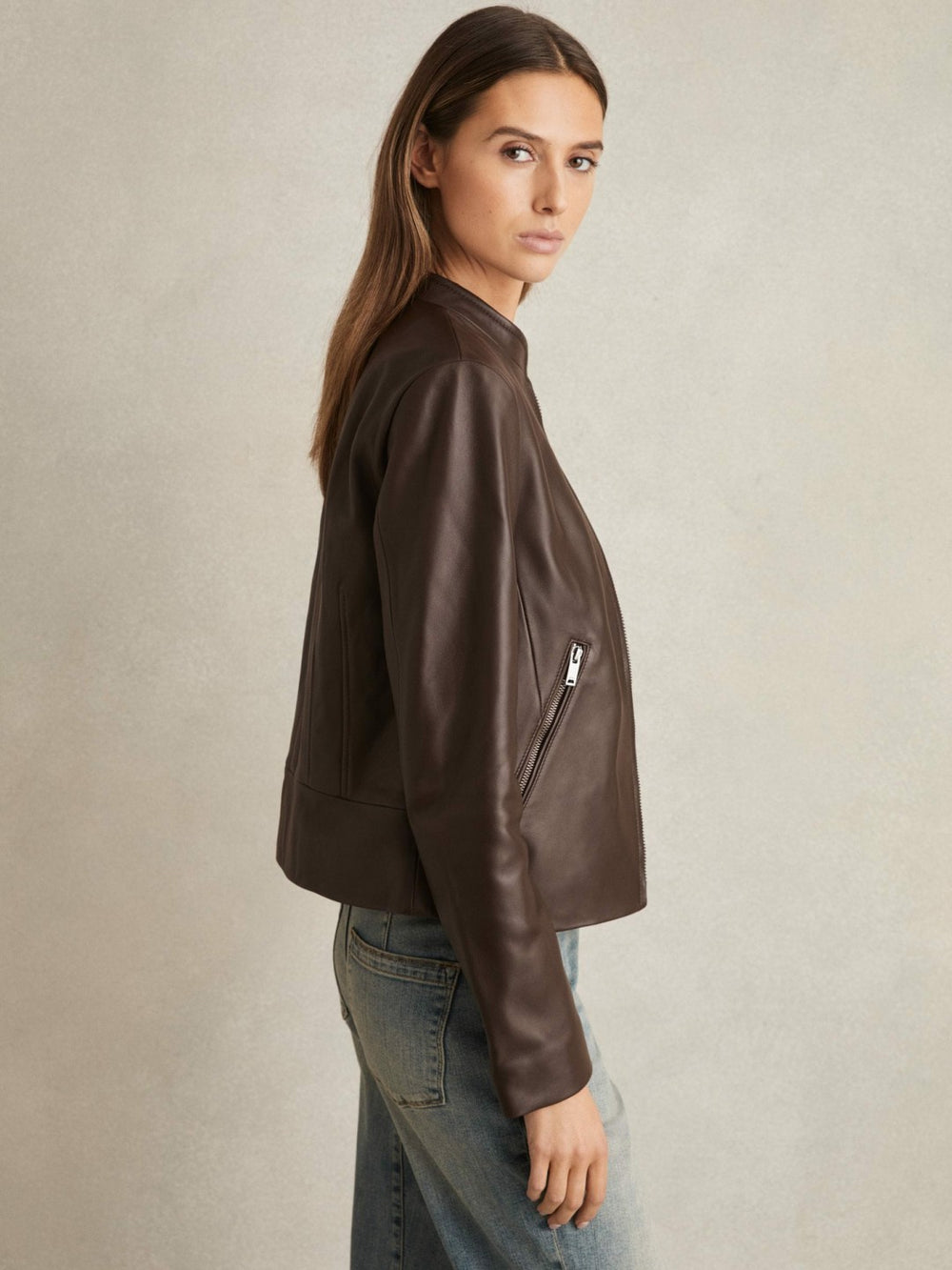 Reiss | Leather Collarless Biker Jacket in Chocolate Brown
