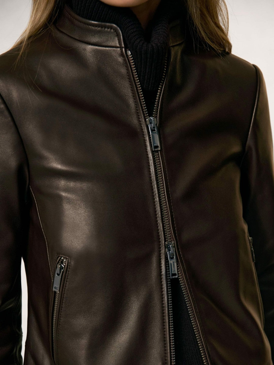 Reiss | Leather Collarless Biker Jacket in Chocolate Brown