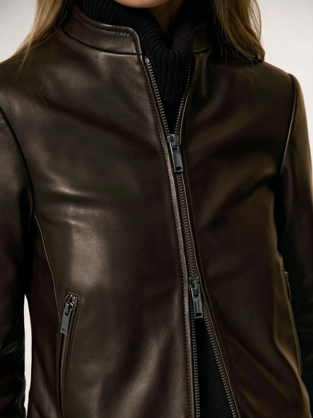 Reiss | Leather Collarless Biker Jacket in Chocolate Brown