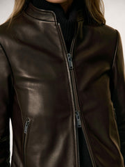 Reiss | Leather Collarless Biker Jacket in Chocolate Brown