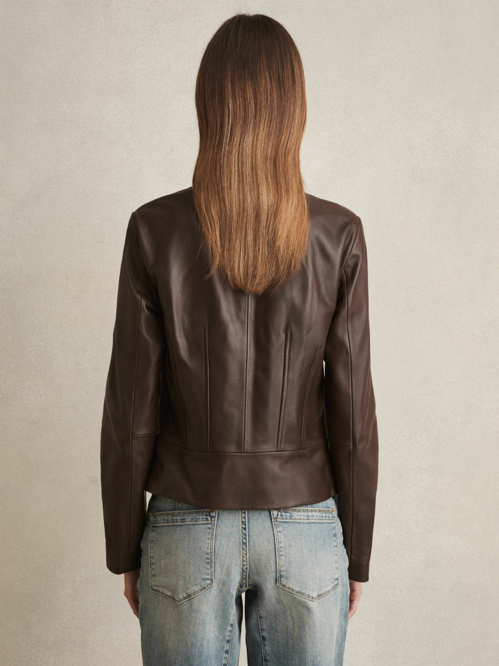 Reiss | Leather Collarless Biker Jacket in Chocolate Brown