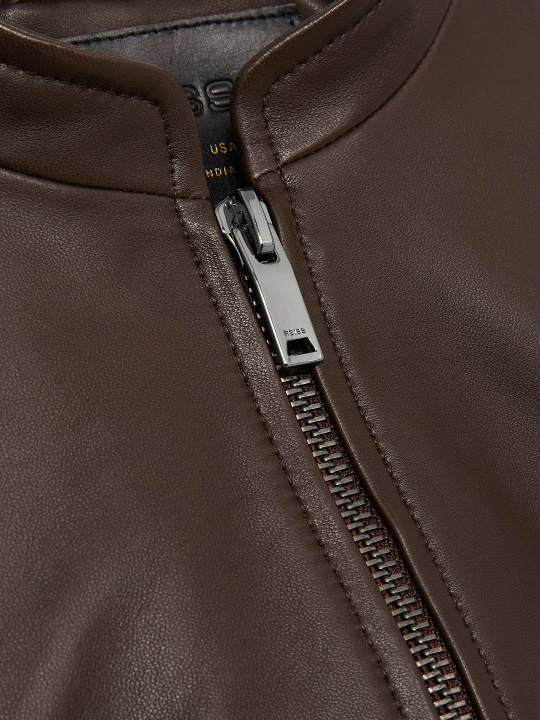 Reiss | Leather Collarless Biker Jacket in Chocolate Brown
