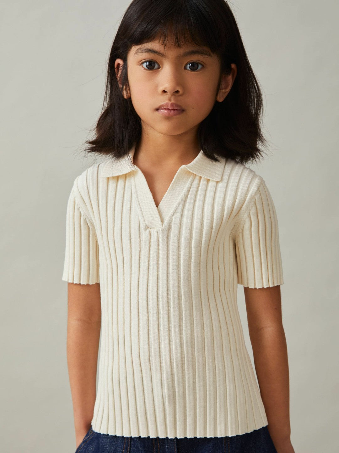 Reiss | 4-9 yrs Rib-Knit Polo Top in Ivory