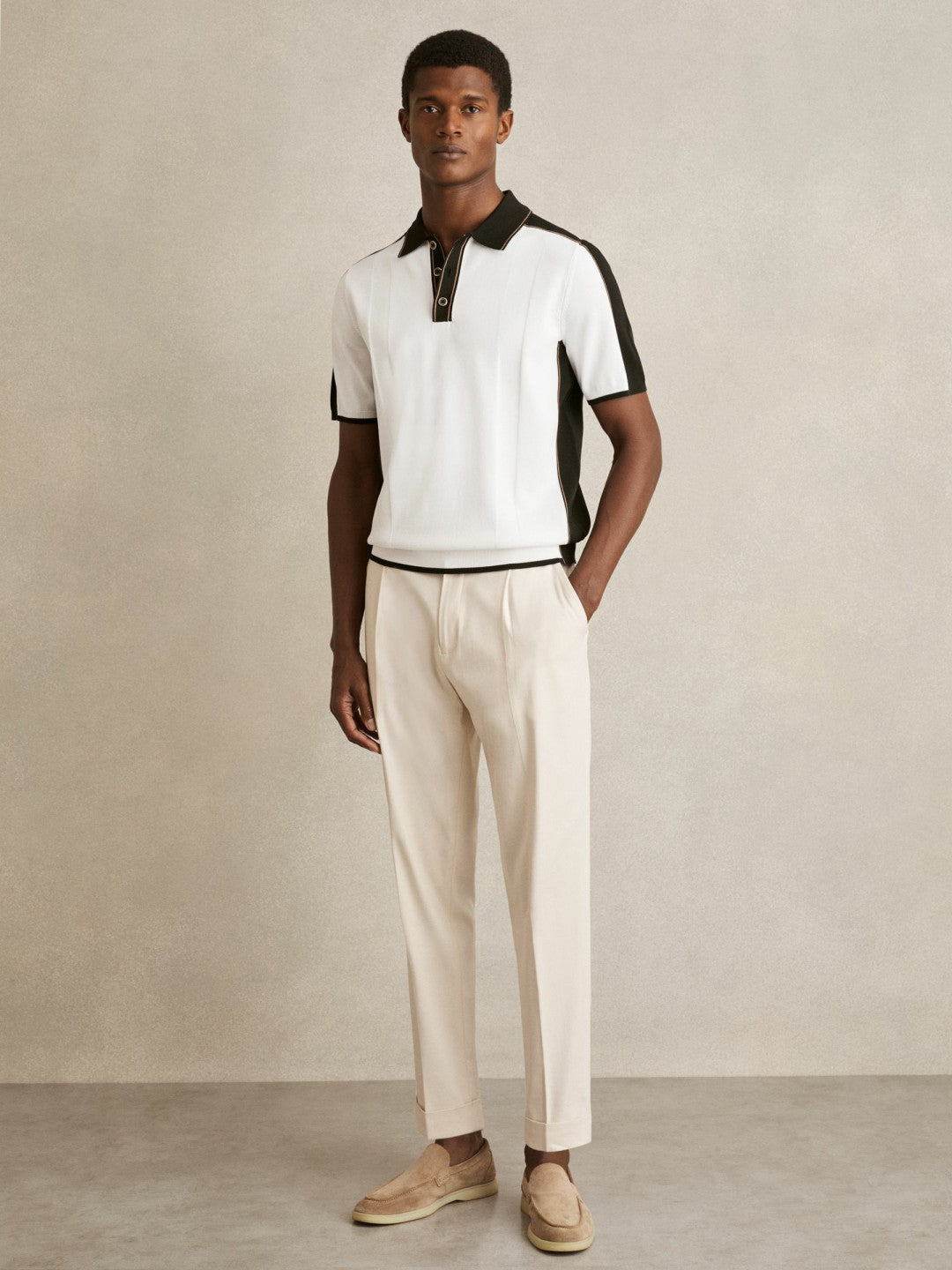 Reiss | Colour-Block Knit Polo Shirt in Optic White/Green