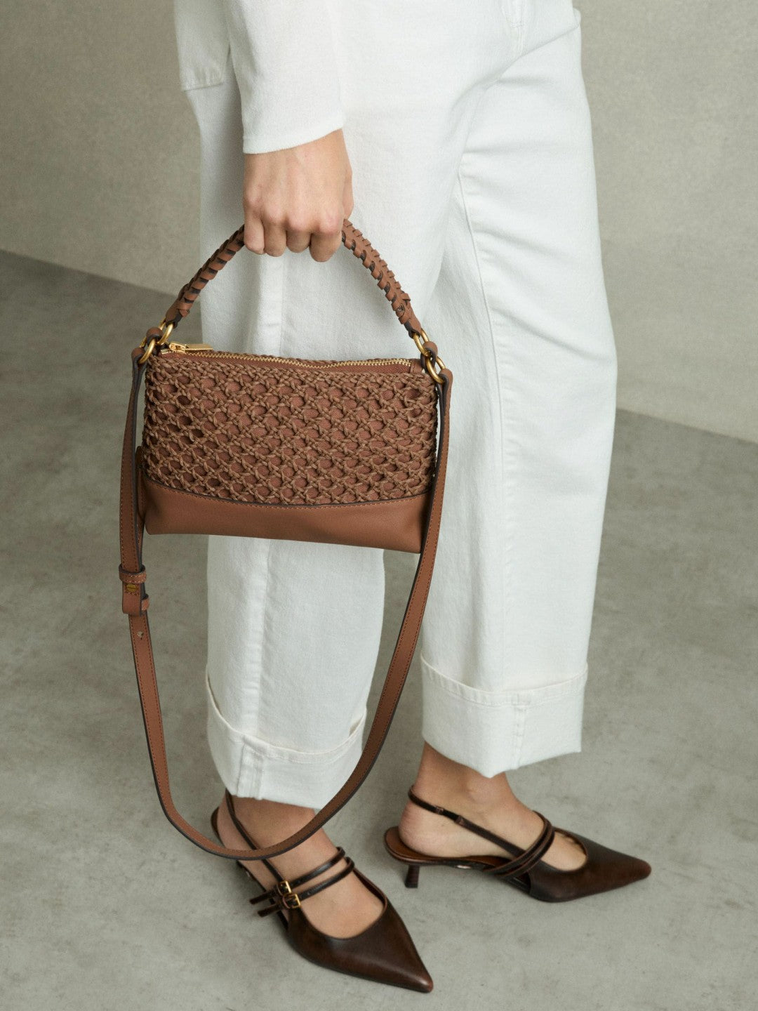 Reiss | Weave Cross-Body Bag in Tan