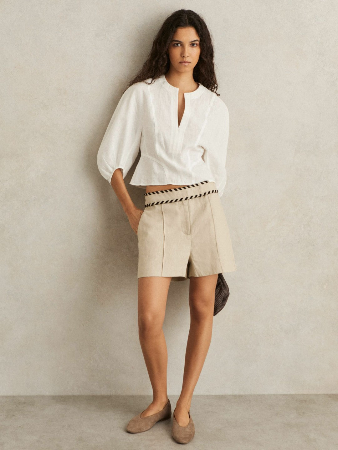Reiss | Leather Rounded-Point Toe Ballet Flats in Taupe