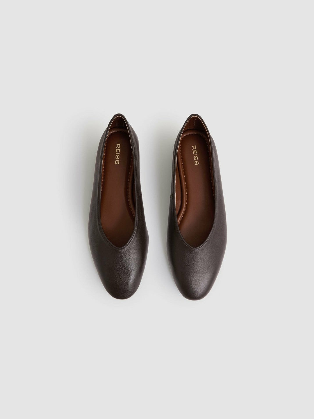 Reiss | Leather Rounded-Point Toe Ballet Flats in Chocolate