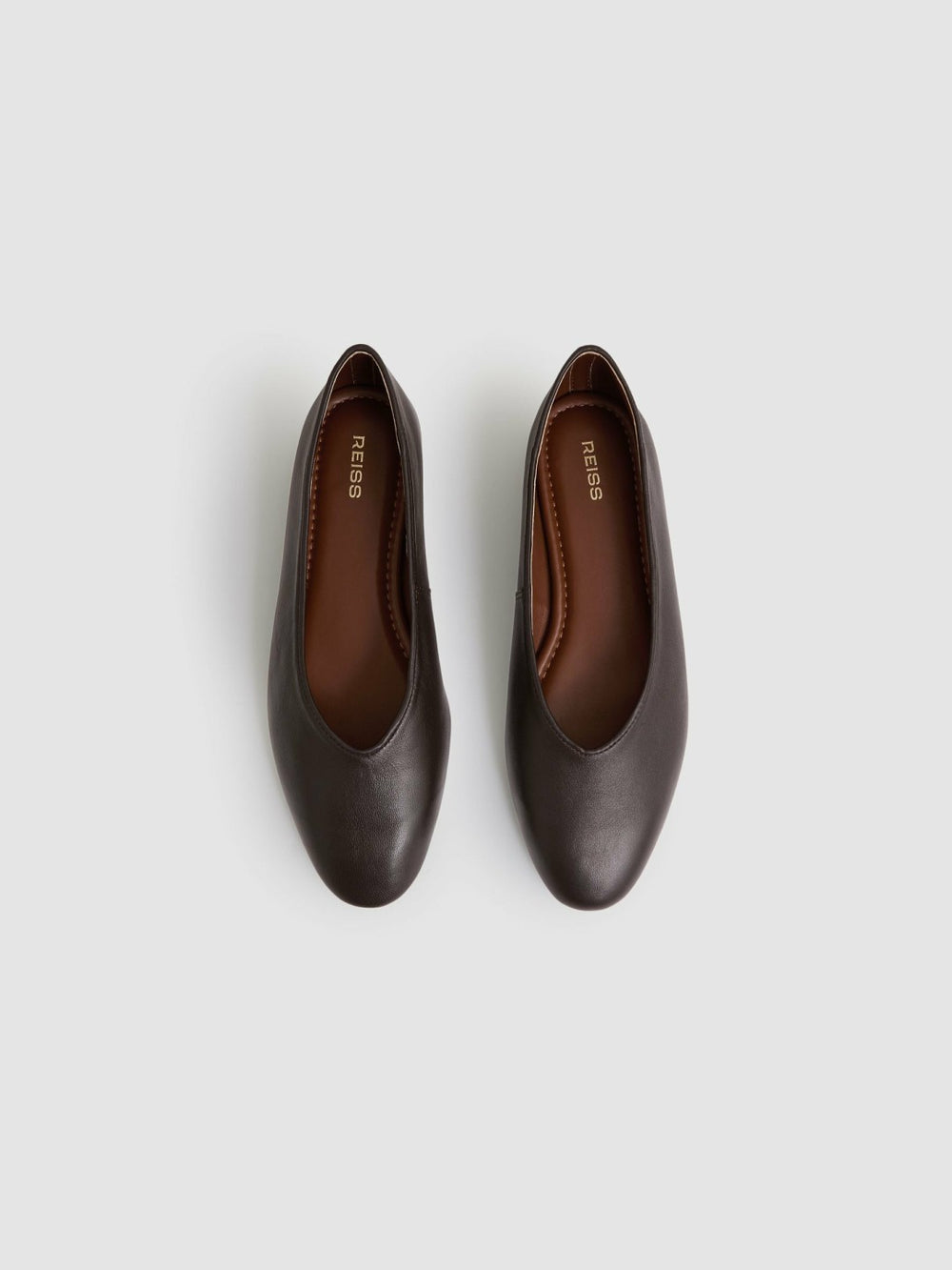 Reiss | Leather Rounded-Point Toe Ballet Flats in Chocolate