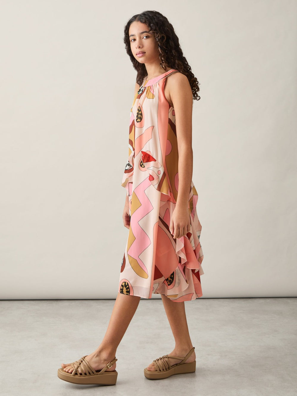 Reiss | 13-14 yrs Printed Ruffle-Trim Dress in Pink