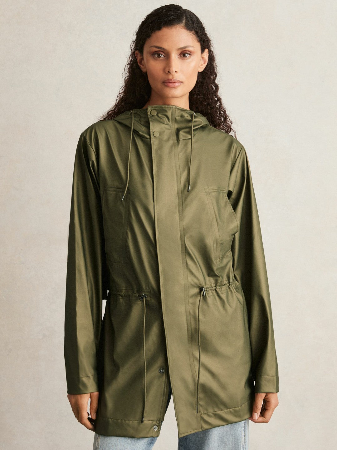 Reiss | Rains Long Hooded Jacket in Revel Brass Green