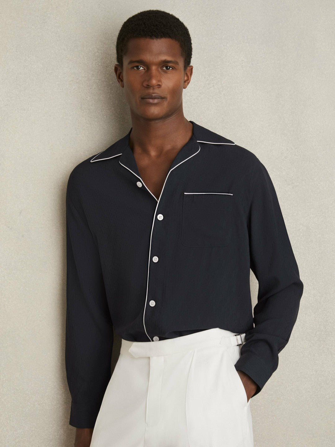 Reiss | Cuban Collar Shirt with Piping Detail Shirt in Navy