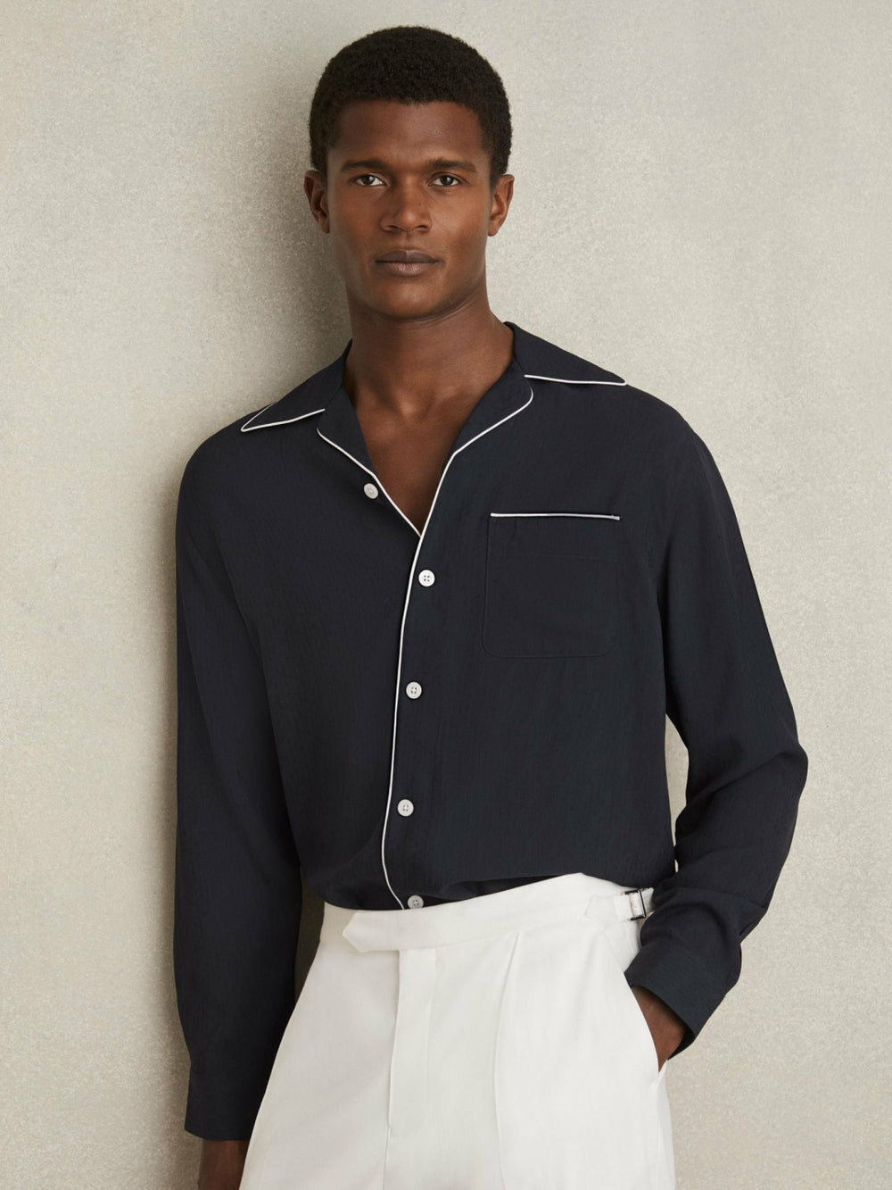 Reiss | Cuban Collar Shirt with Piping Detail Shirt in Navy