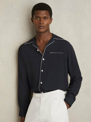 Reiss | Cuban Collar Shirt with Piping Detail Shirt in Navy